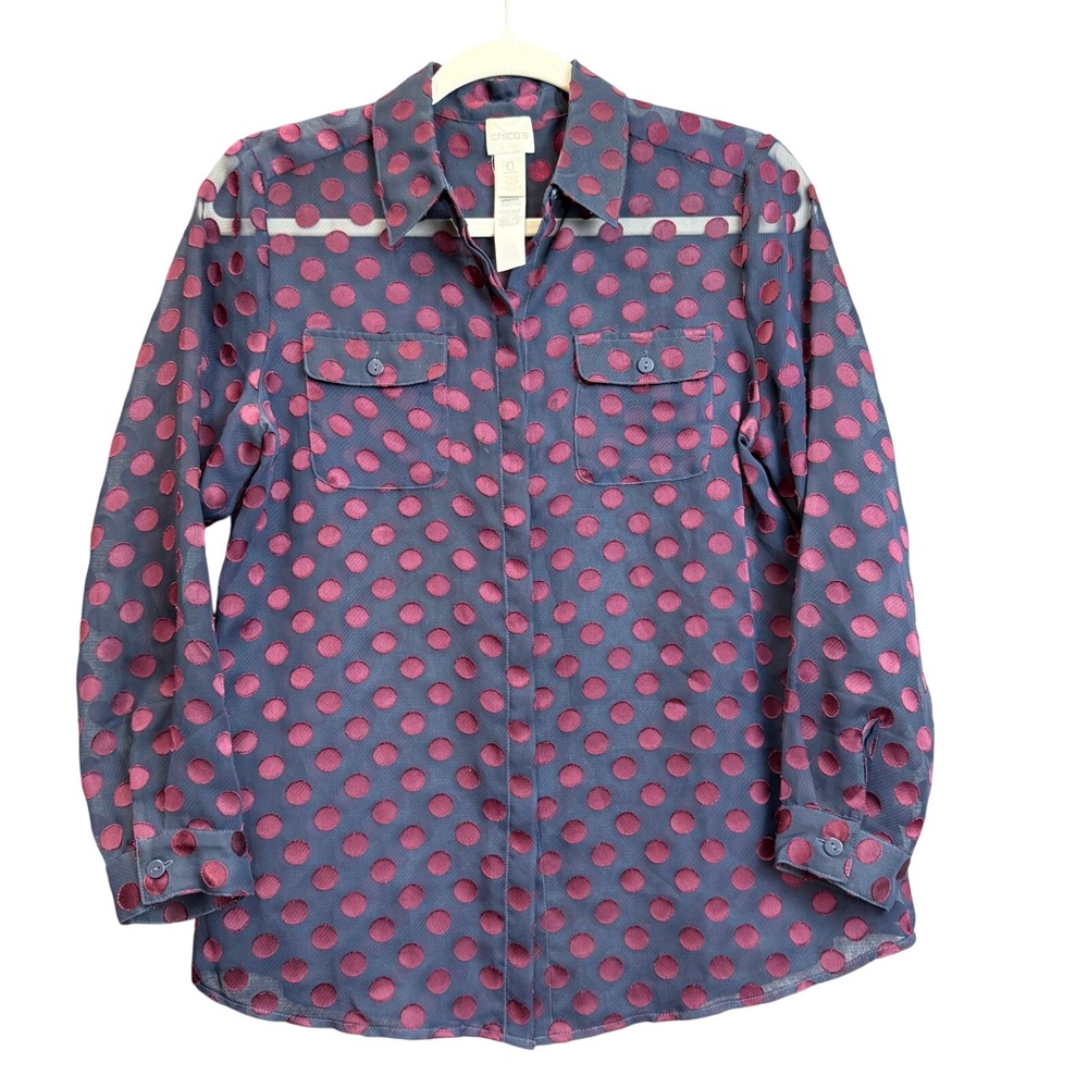 Chico's Polka Dot Burnout Blouse Size 0 Petite Navy Burgundy Sheer Button Down